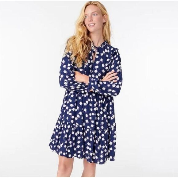 J Crew Dress Womens Purple Navy Scattered Peony Floral Tie Neck Tiered SZ M - Picture 1 of 16
